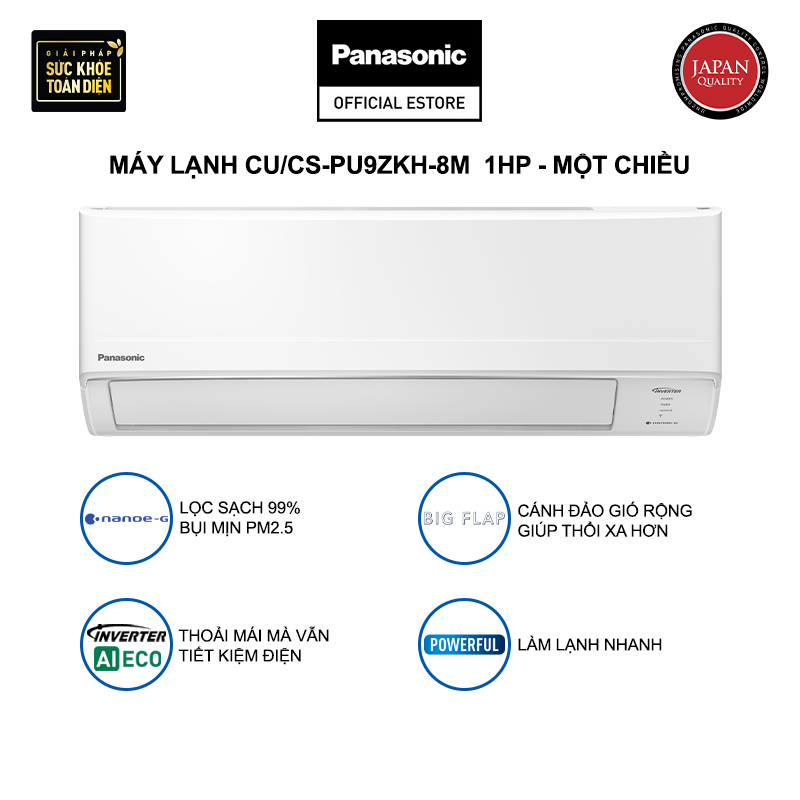 Máy lạnh/ Điều hòa Panasonic Inverter CU/CS-PU9AKH-8 - Công suất 1HP - Một chiều - Lọc không khí bụi mịn - Wifi