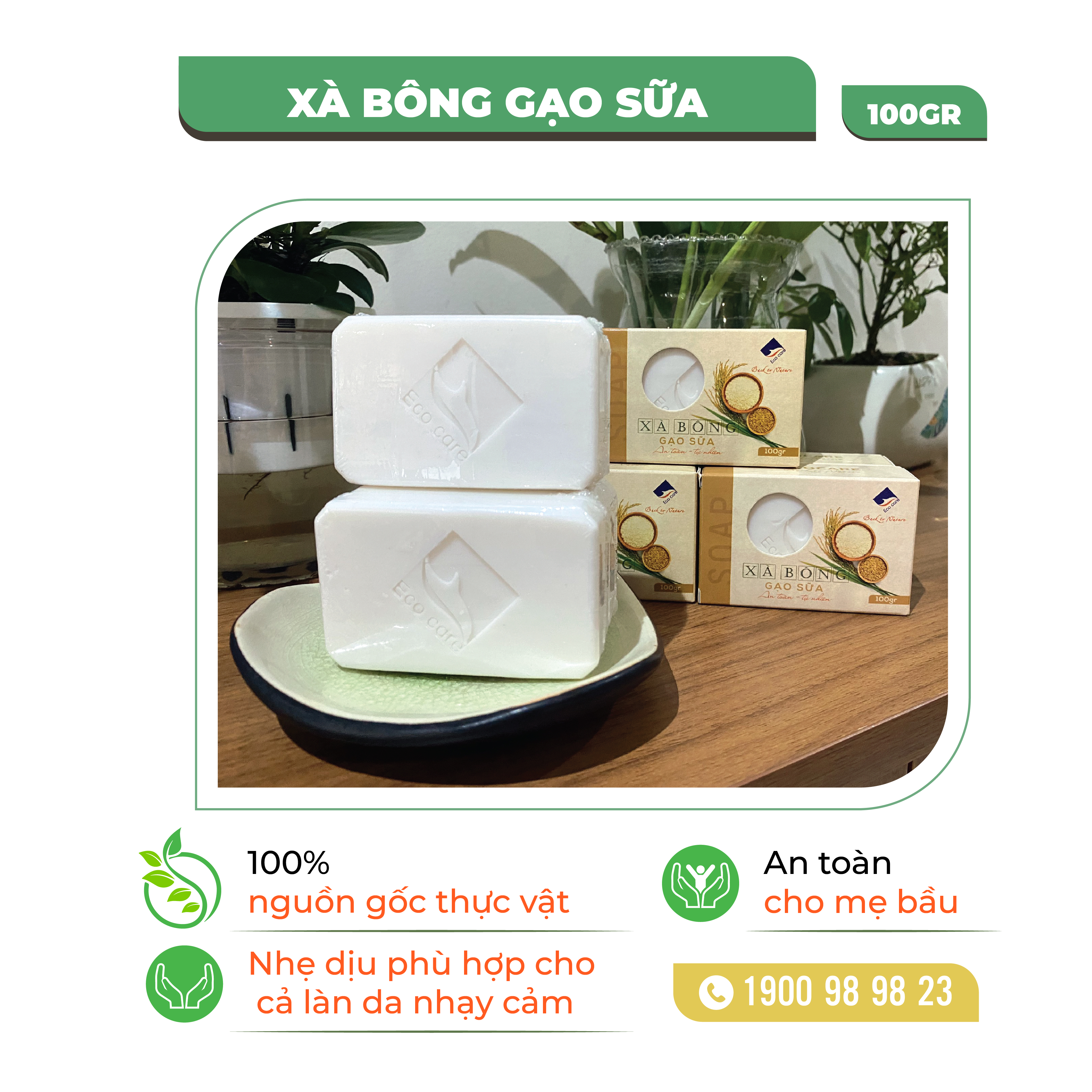 Xà bông Gạo sữa Hưu Cơ , Xà phòng Sữa gạo Ecocare 100gr- Giúp Sáng Da, Tẩy Da Chết, Ngừa Thâm