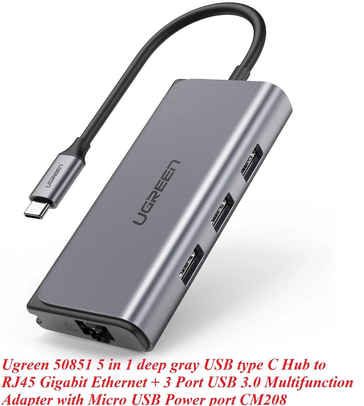 Ugreen UG50851CM208TK 5 trong 1 xám đen bộ chuyển USB type C Hub ra RJ45 Gigabit Ethernet + 3 cổng USB 3.0 cổng cấp nguồn Micro USB - HÀNG CHÍNH HÃNG