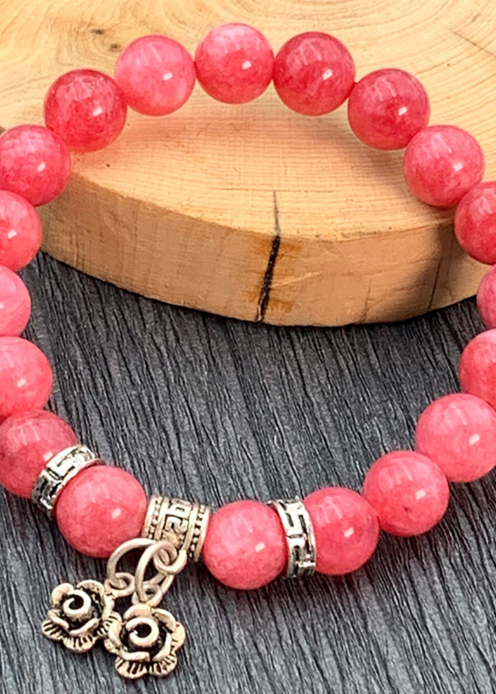 Vòng Đá Thạch Anh Hồng Vân 8 Ly Charm Hoa Bạc Thái