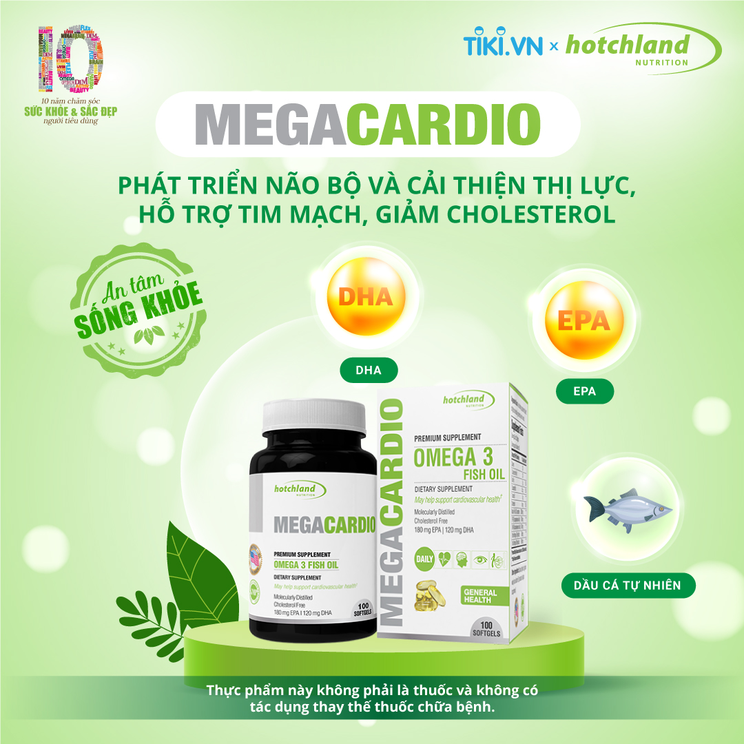 Viên uống dầu cá Omega 3 - Hỗ trợ bổ não, cải thiện thị lực, giảm Cholesterol, Hotchland MegaCardio-Hàng chính hãng -HL4578