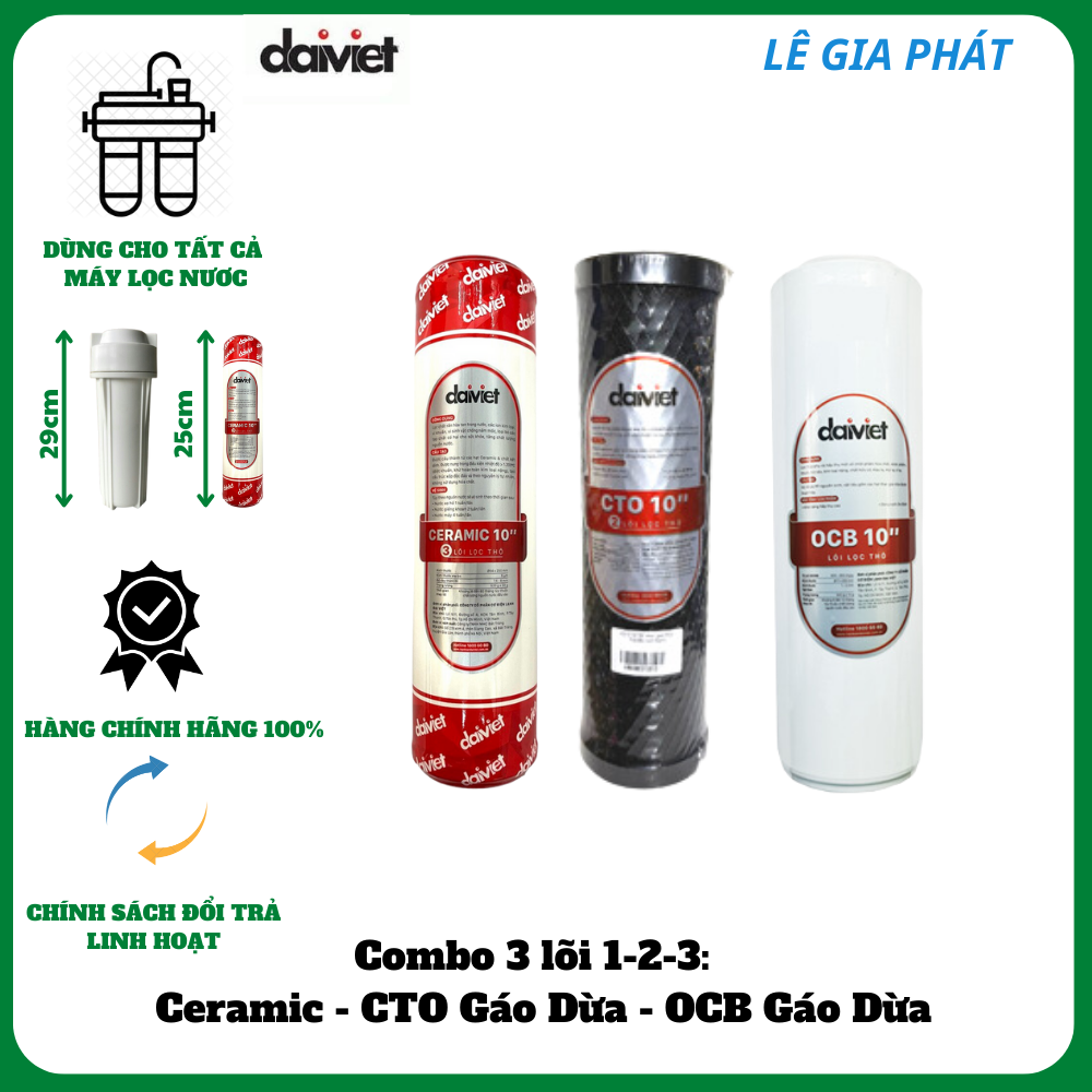 COMBO 3 LÕI LỌC NƯỚC THÔ 1-2-3 CERAMIC - OCB THAN GÁO DỪA- CTO THAN GÁO DỪA -HÀNG CHÍNH HÃNG