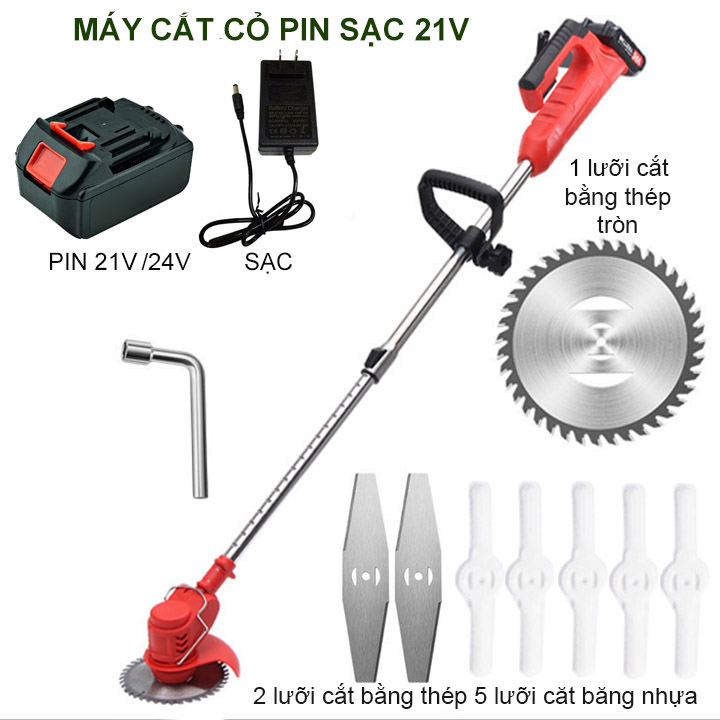 Máy cắt cỏ chạy pin sạc 21V chạy khỏe, êm, kèm theo các loại lưỡi cắt