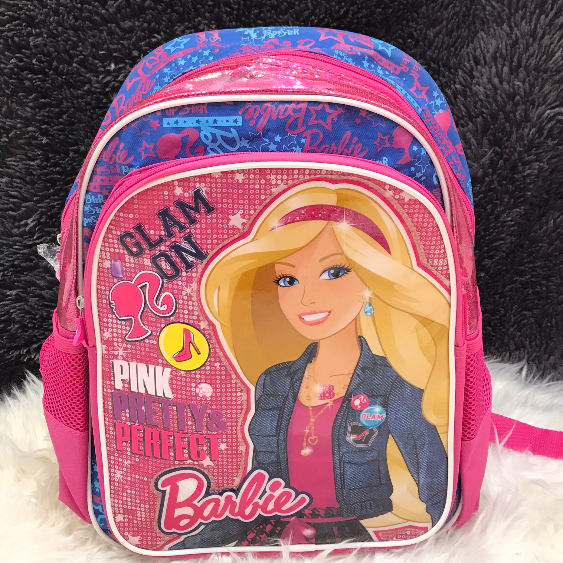 Balo trẻ em 15'' cao cấp hình Barbie hồng viền xanh lấp lánh - BLBBHVX -