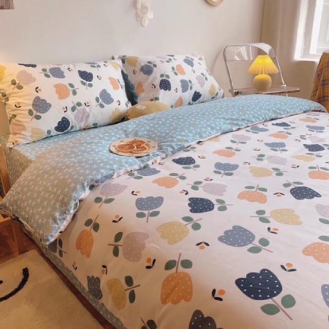 Set Cotton Living Hàng Nhập Khẩu Cao Cấp 4 Món Hoa Xanh