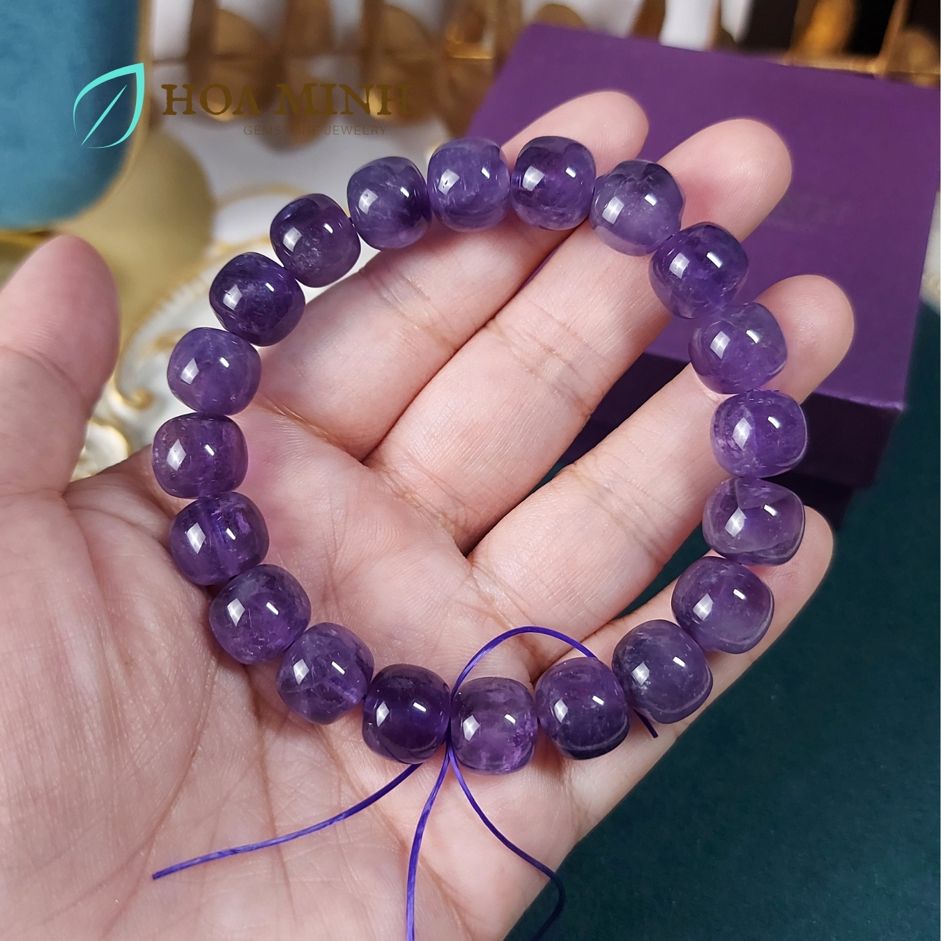 Vòng tay đá Thạch Anh Tím Amethyst tự nhiên hạt vuông bo tròn size 11 li phong cách cổ điển, hoàng gia