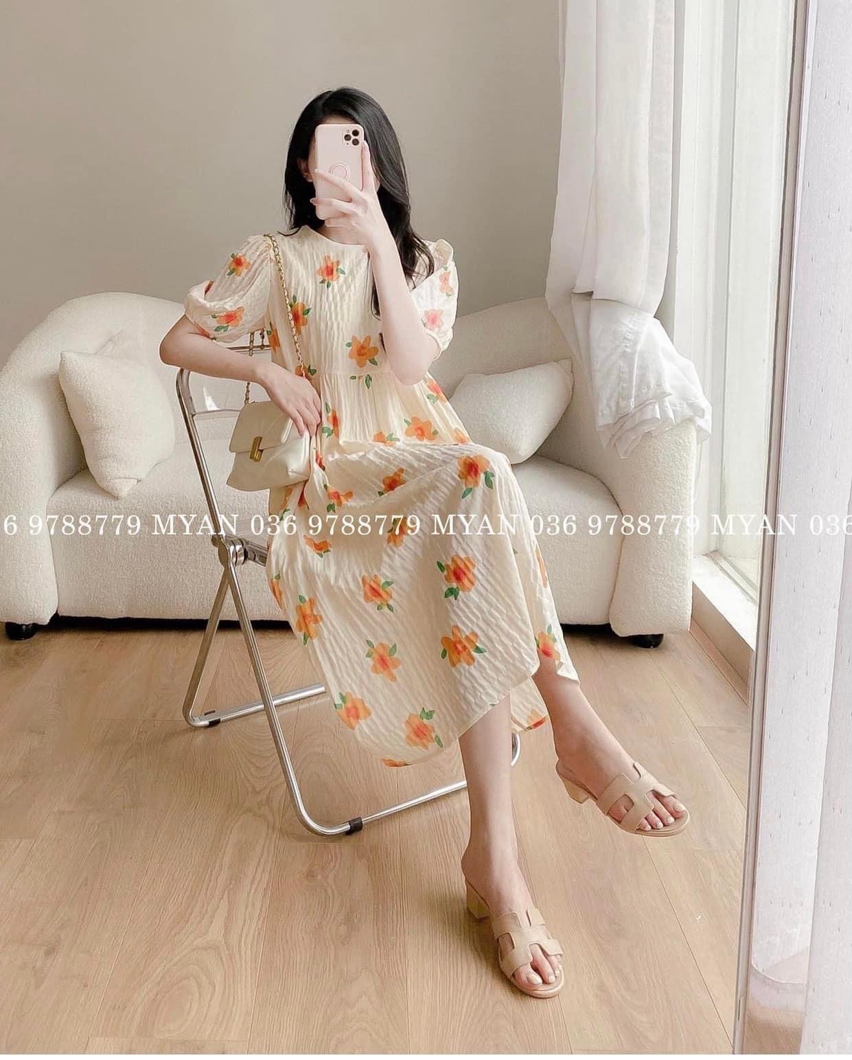 Đầm babydoll hoa cam tay phồng tiểu thư - đầm suông hoa