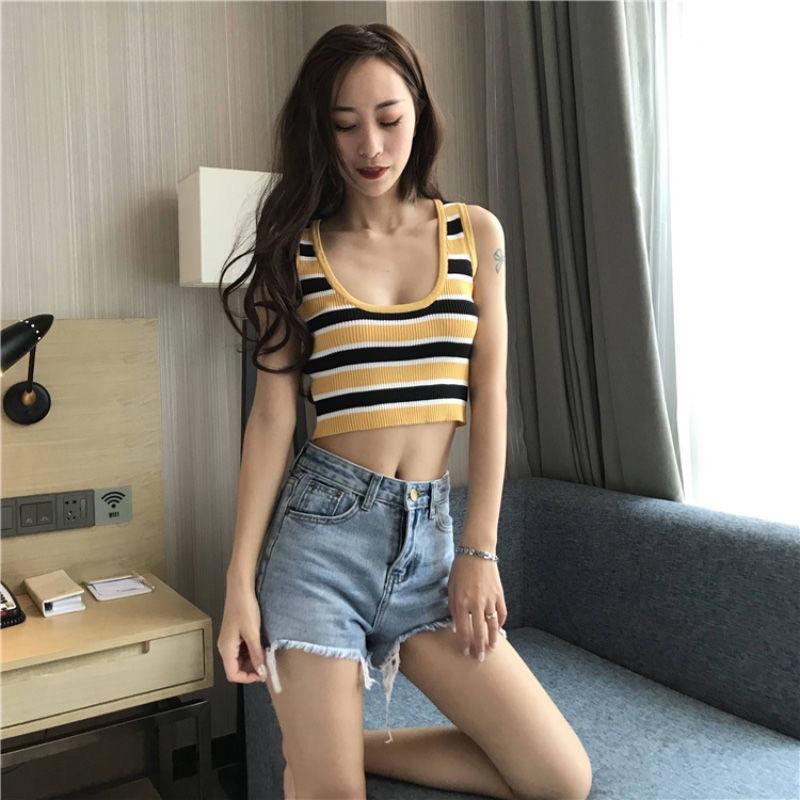 Áo len nữ ba lỗ croptop kẻ ngang 2 màu hàng Quảng Châu