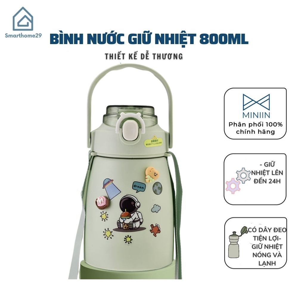 Bình Nước Giữ Nhiệt Cute 800ml Chất Liệu Inox 304 Giữ Nhiệt Không Gỉ Nóng Lạnh 24 Giờ Kèm Ống Hút Và Sticker - Hàng Loại 1 - Chính Hãng MINIIN