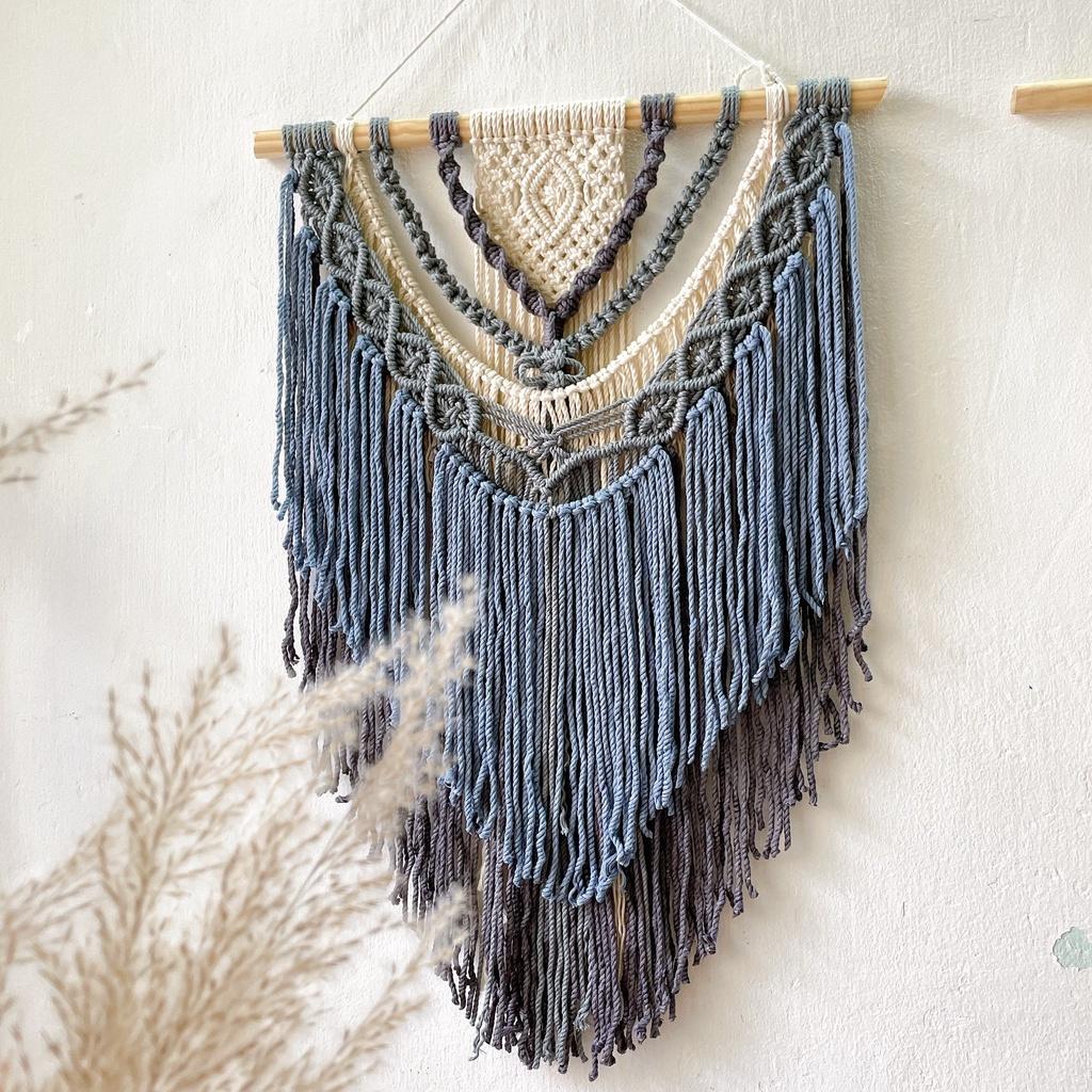 Mành macrame trang trí nhà cửa phong cách Vintage tông xanh xám