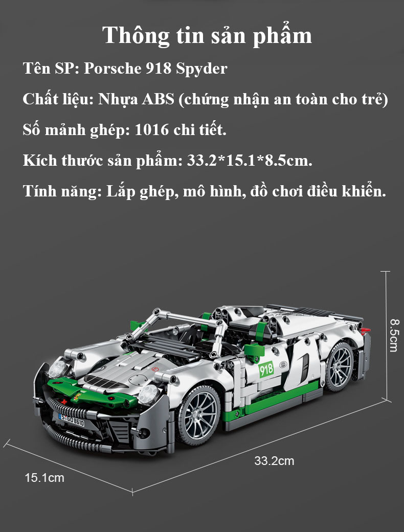 Đồ Chơi Lắp Ghép Technic Xe Đua Porche 918 Spyder Với 1016 Chi Tiết, Đồ Chơi Mô Hình Siêu Xe Porche 918, Đồ Chơi Điều Khiển Từ Xa Xe Porche 918 Spyder Tay Cầm RC - Chính Hãng BABYBOSS.