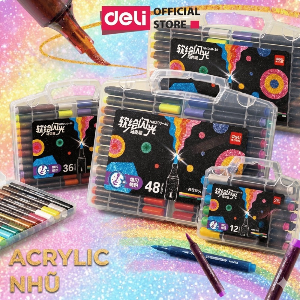 [SALE 39K] Bút Marker Nhũ Kim Tuyến 1 Đầu 12/24/36/48 Màu Deli Mềm Ngòi Nhũ Sáng Màu Vẽ Anime, Bullet Journal