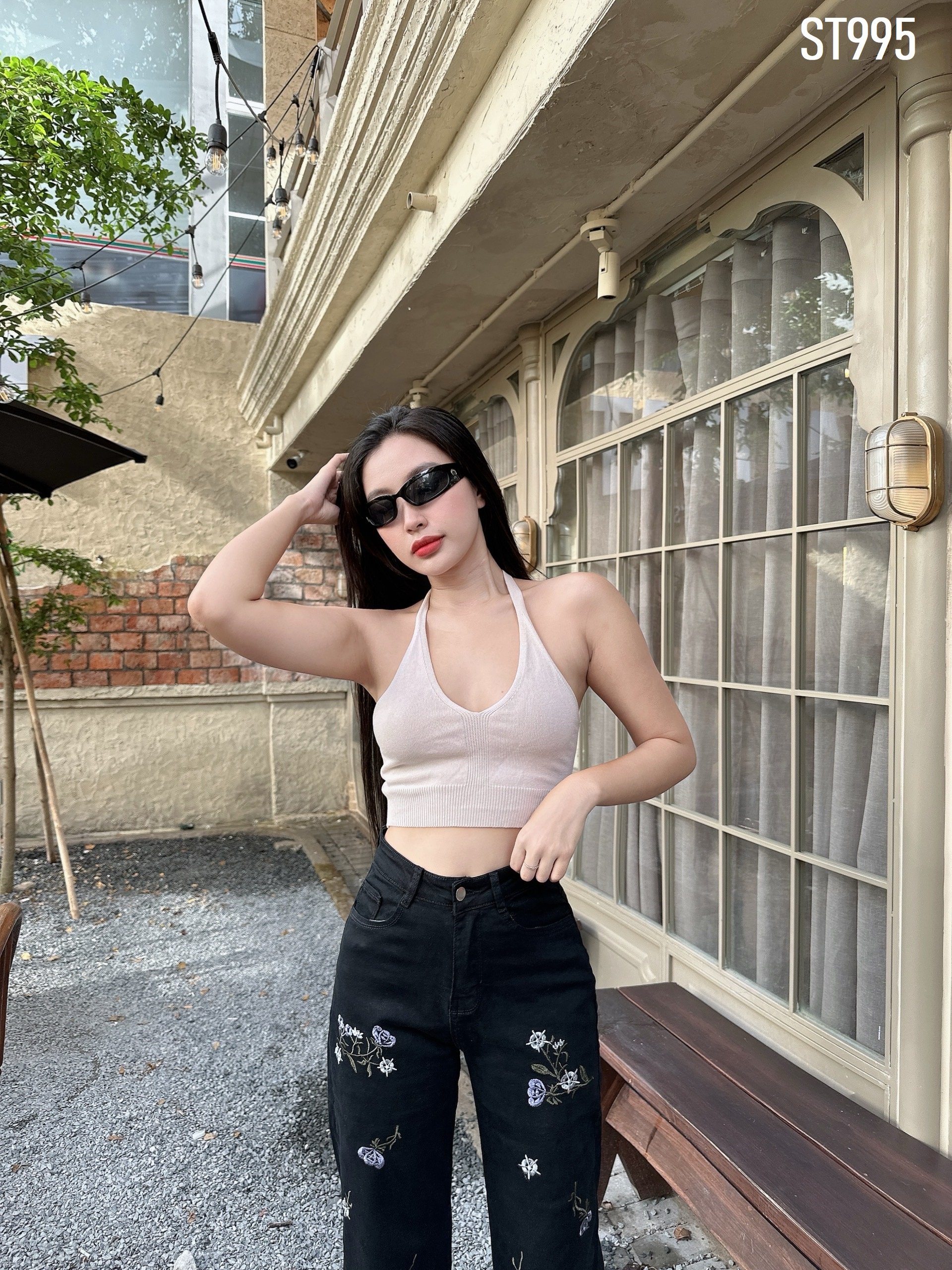 Quần Jeans Nữ Ống Rộng Thêu Hoa Lưng Cao Co Giãn, Chất Mát Tôn Dáng