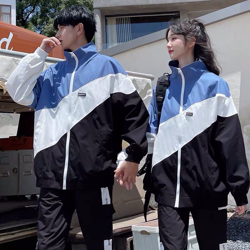 Áo Khoác Dù phối sọc xanh trắng đen Nam Nữ Ulzzang Unisex Form Rộng Bomber TRƠN Jacket 2 lớp dày dặn