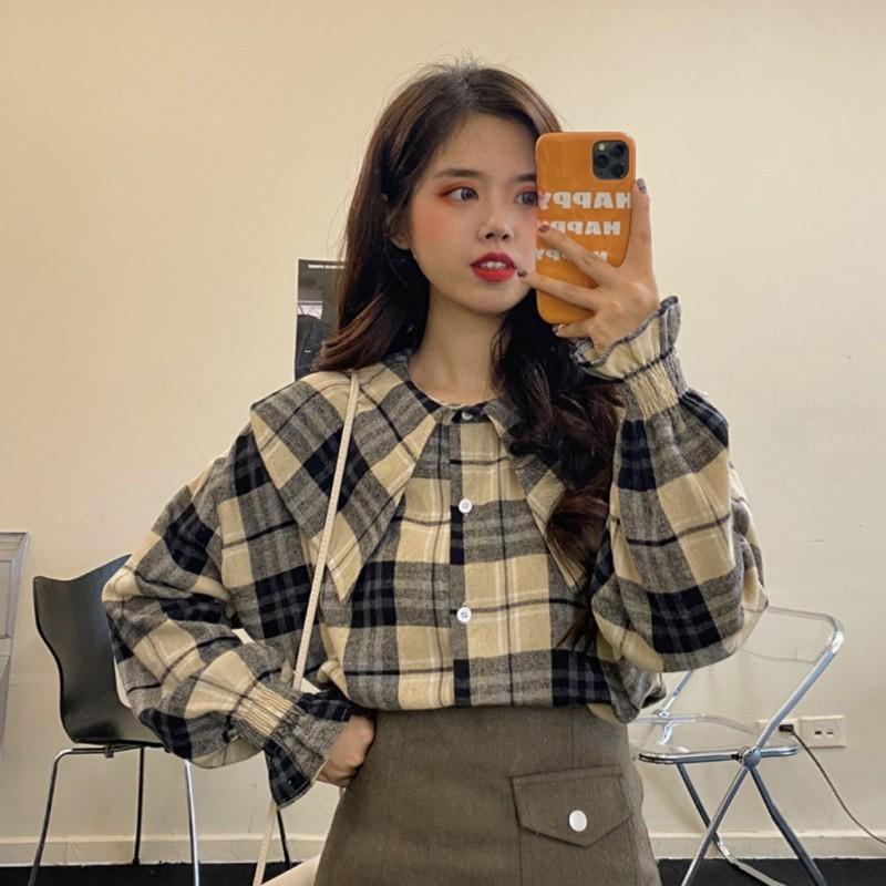 Áo sơ mi nữ kẻ caro cổ búp bê bo tay phong cách tiểu thư vintage ulzzang