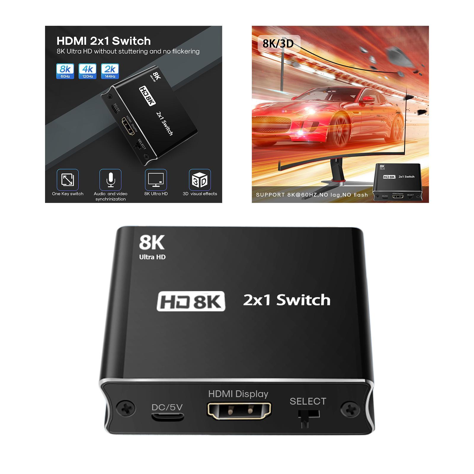 2x1 Switch 8K HDMI 2.1 Splitter ,2 in 1 Out ,High Speed ,8K 60Hz Signal Display 4K 120Hz 8K HDMI Switch Switcher for PS5 Laptop Monitors DVD