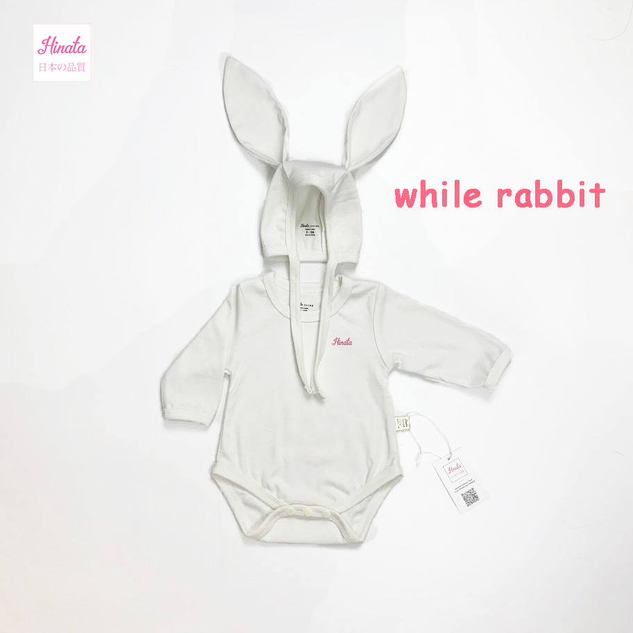 Bộ bodysuit tay dài, kèm nón thỏ - 100% Organic Cotton - Bunny Hat BF05 -  Thương hiệu Hinata Nhật