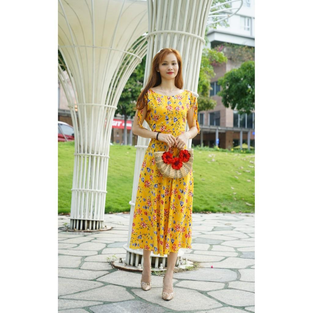 Đầm maxi form lửng hoa vàng rút vai cực xinh