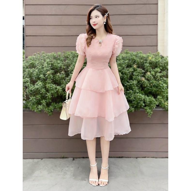 Đầm nữ dáng xòe tay bèo váy xếp tầng thiết kế thanh lịch dịu dàng
