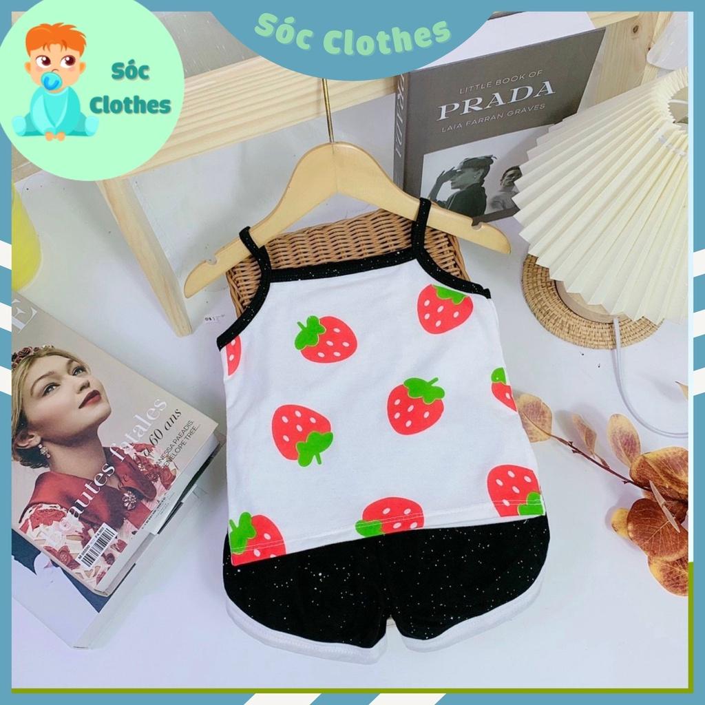 Bộ Thun Cotton Hai Dây Hoạ Tiết Dâu Tây Cho Bé Gái Size Nhí 8-18kg
