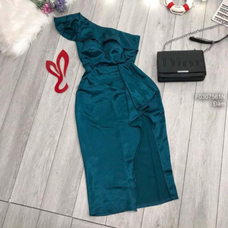 Đầm body phi bóng viền bèo lệch vai