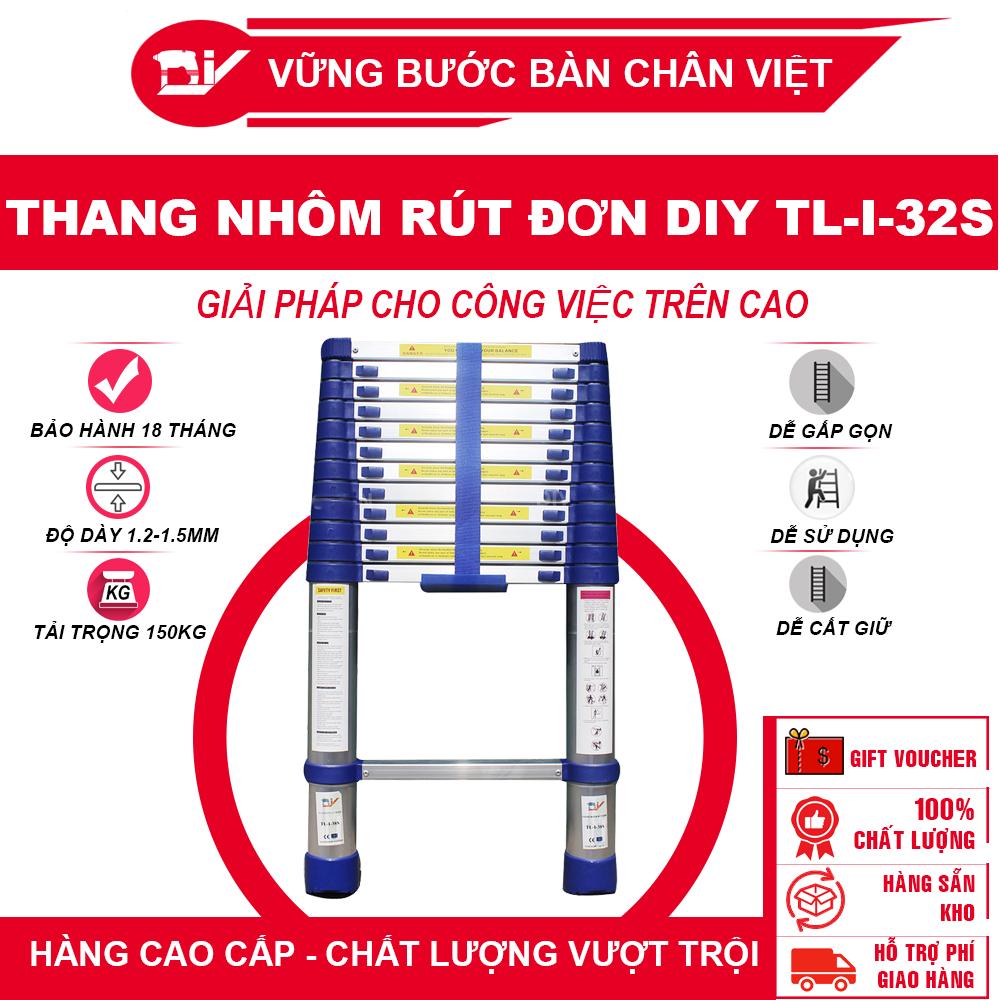 Thang nhôm rút đơn DIY TL-I-32S - Chiều cao tối đa 3.2m, chiều cao rút gọn 0.8m tải trọng 150kg