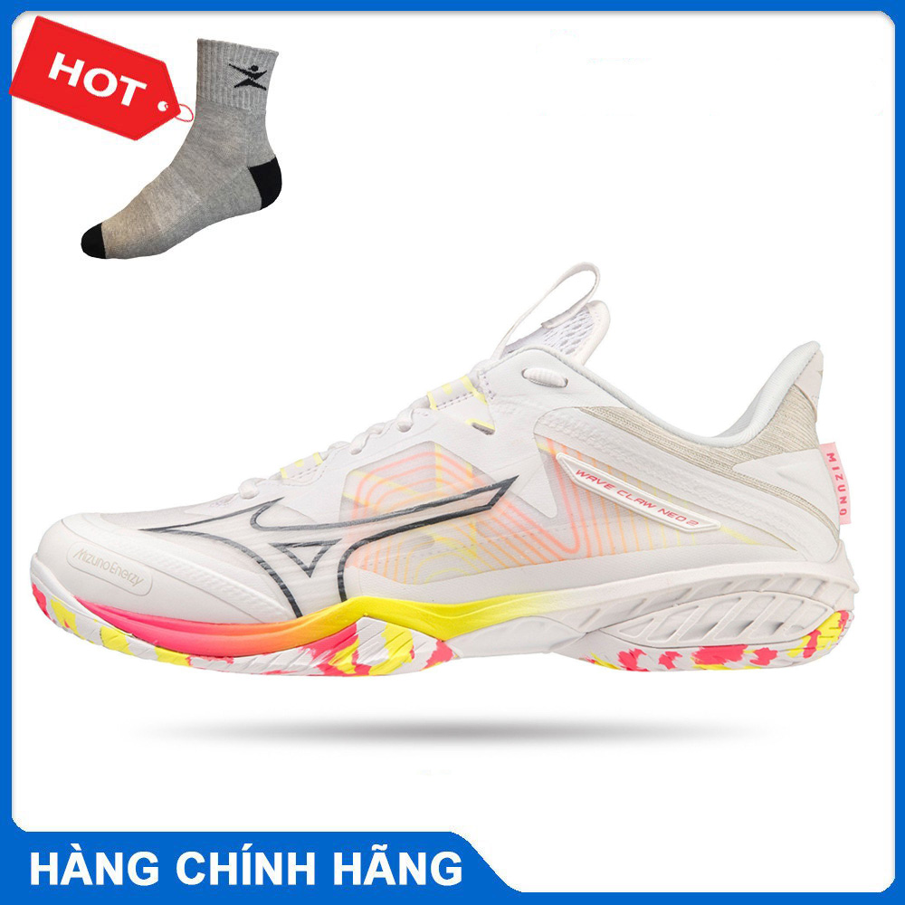 Giày cầu lông Mizuno nam nữ Wave Claw Neo 2 màu trắng cam - tặng tất thể thao bendu