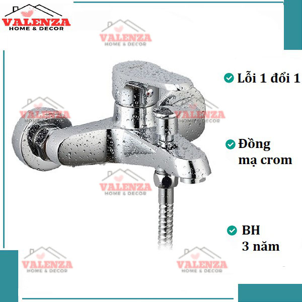 Bộ sen tắm nóng lạnh Valenza 1404 chất liệu đồng mạ crom kèm đầy đủ bát sen tắm tăng áp, dây sen tắm inox, cài sen, chân sen-Nước chảy mạnh