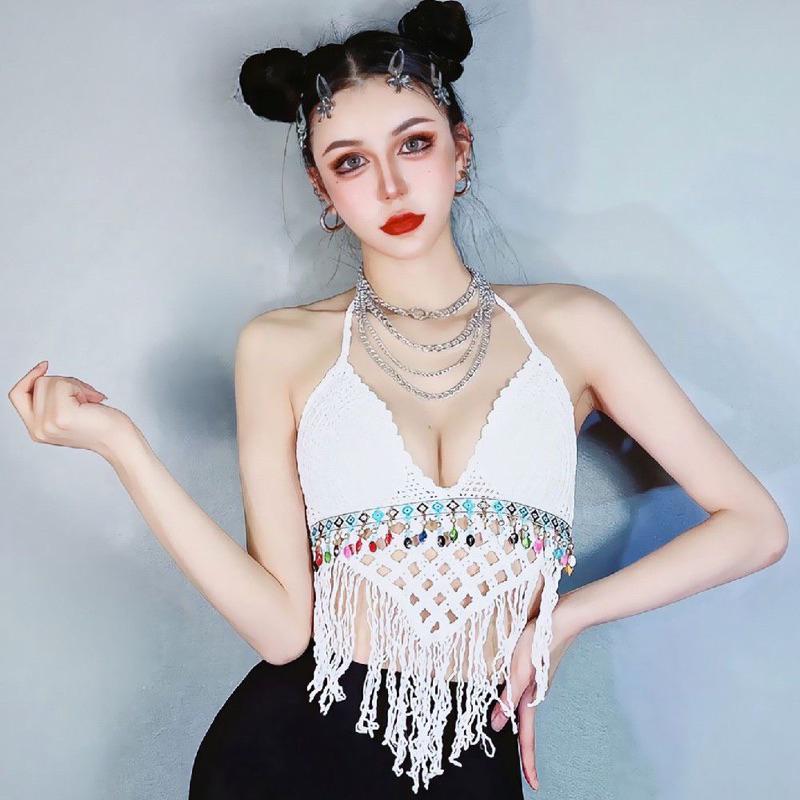 Áo bra len móc tam giác tua rua đính hạt cườm đi biển hot hit