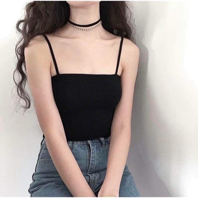 Áo 2 dây thun gân đẹp 100% cotton đen đen , áo croptop ôm mặc trong siêu mát