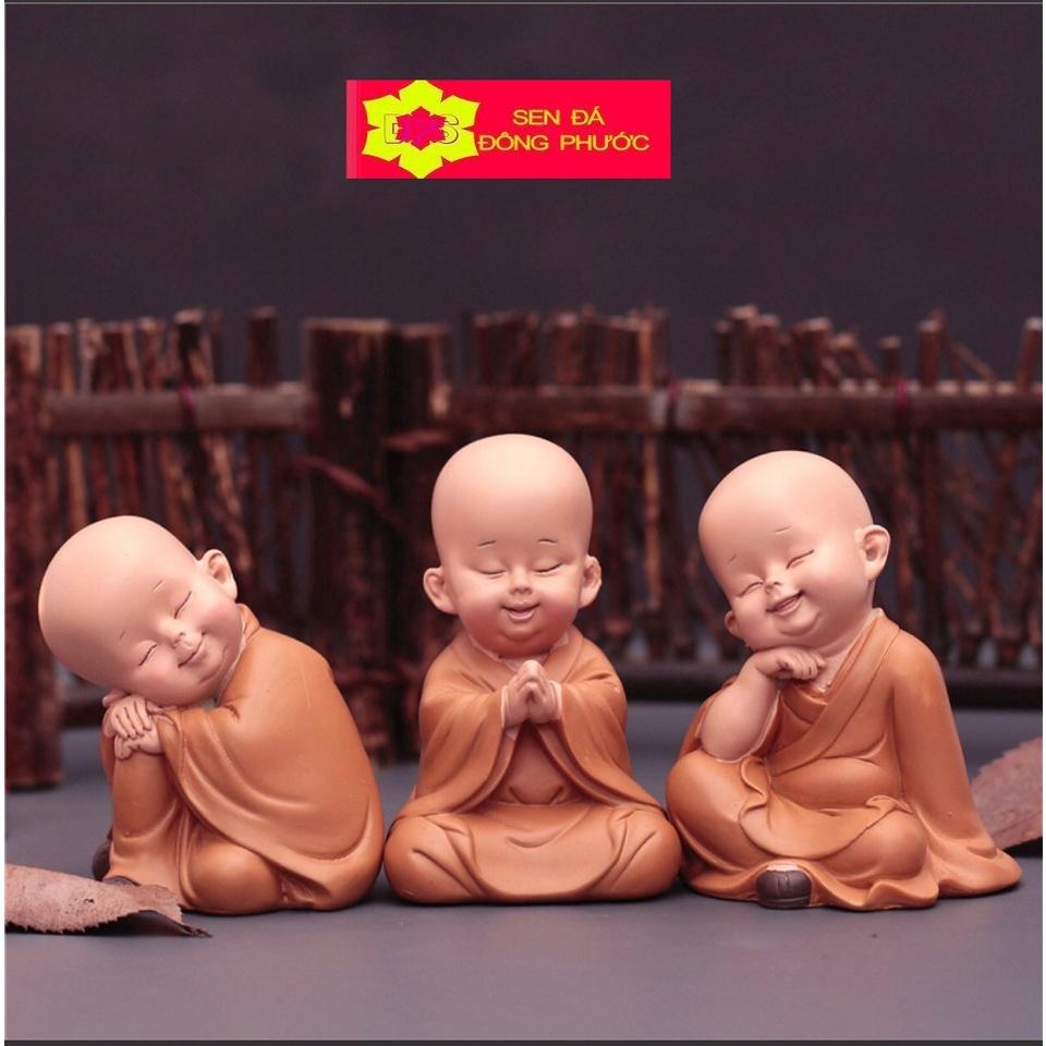-Bộ 12 tượng chú tiểu áo lam chất liệu composite - 4 bộ Tam Không, An Nhiên Yêu đời, Hạnh Phúc - Phụ kiện trang trí