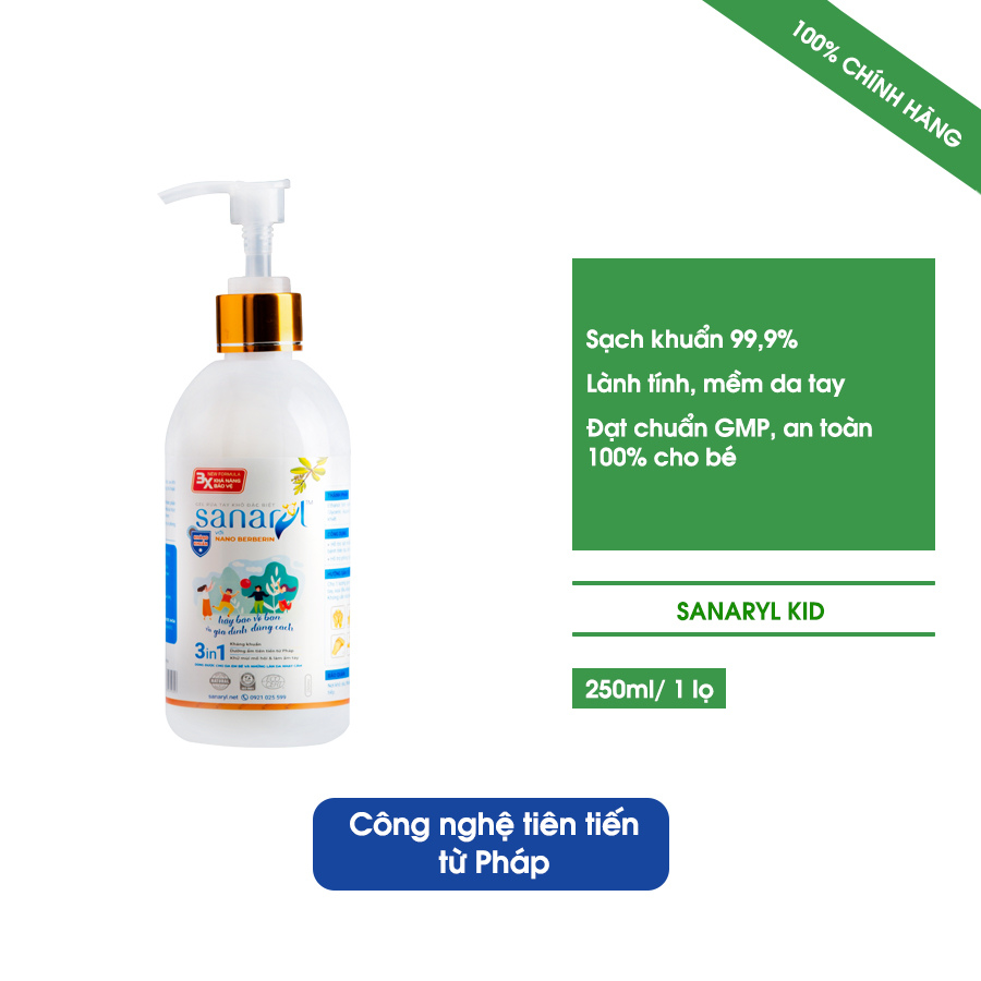 GEL RỬA TAY KHÔ SANARYL 250ML TÁC ĐỘNG 3 TRONG 1 SẠCH KHUẨN ĐẾN 99,9%