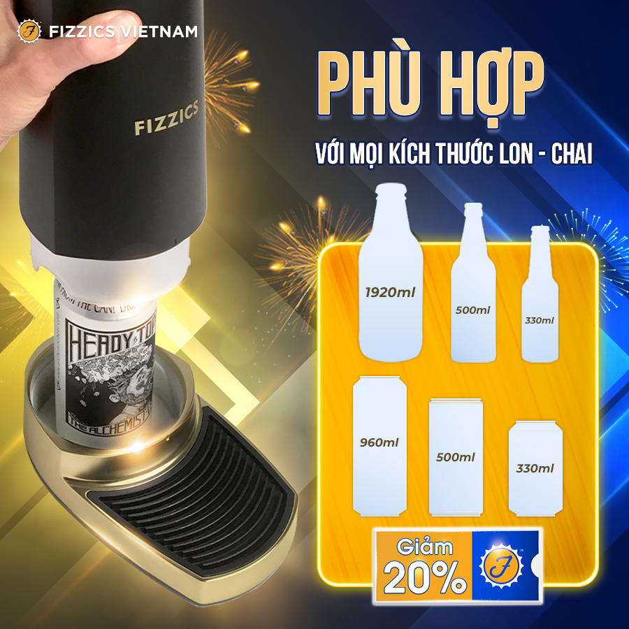 Máy Tạo Bia Tươi FIZZICS Shark Tank Mỹ - Model: PUB FZ404 - Đen Vàng - Tạo Bia Tươi Từ Bia Lon, Bia Chai.