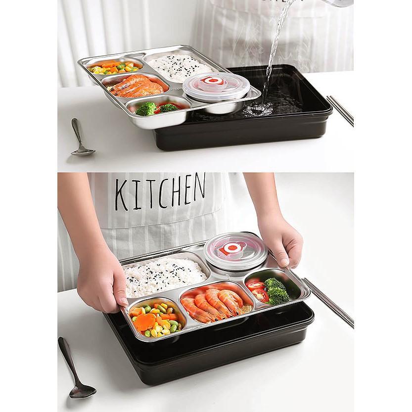Hộp Cơm Văn Phòng Inox 5 Ngăn Giữ Nhiệt Nắp Đậy Chống Tràn Tặng Kèm Đũa Thìa Inox Tiện Ích, Khay Đựng Cơm Inox 304 - Free Ship Toàn Quốc