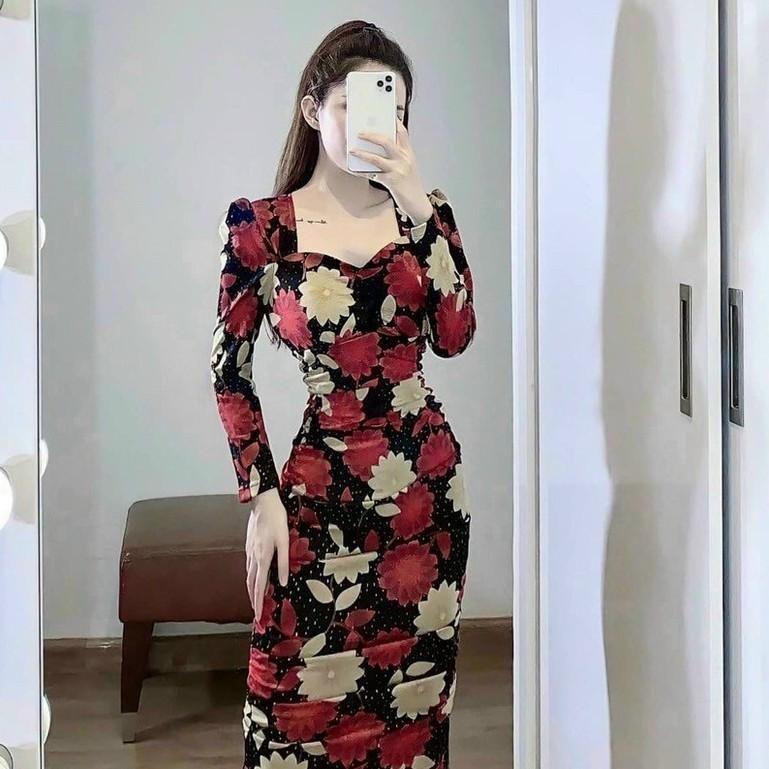 Đầm dự tiệc, Đầm ôm body cổ v tay dài in hoa, giấu bụng, co giãn tốt