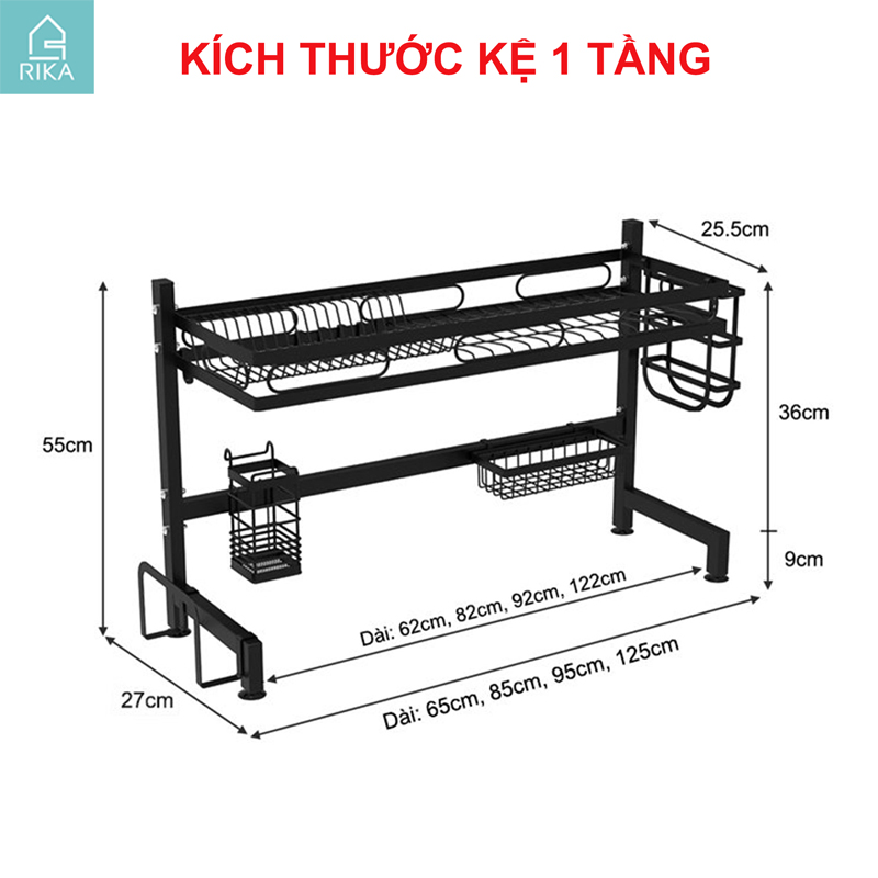 Kệ úp chén bát đĩa đa năng thông minh trên bồn rửa Rika KGB thép carbon không gỉ sơn đen tĩnh điện,1 2 tầng chịu lực cao