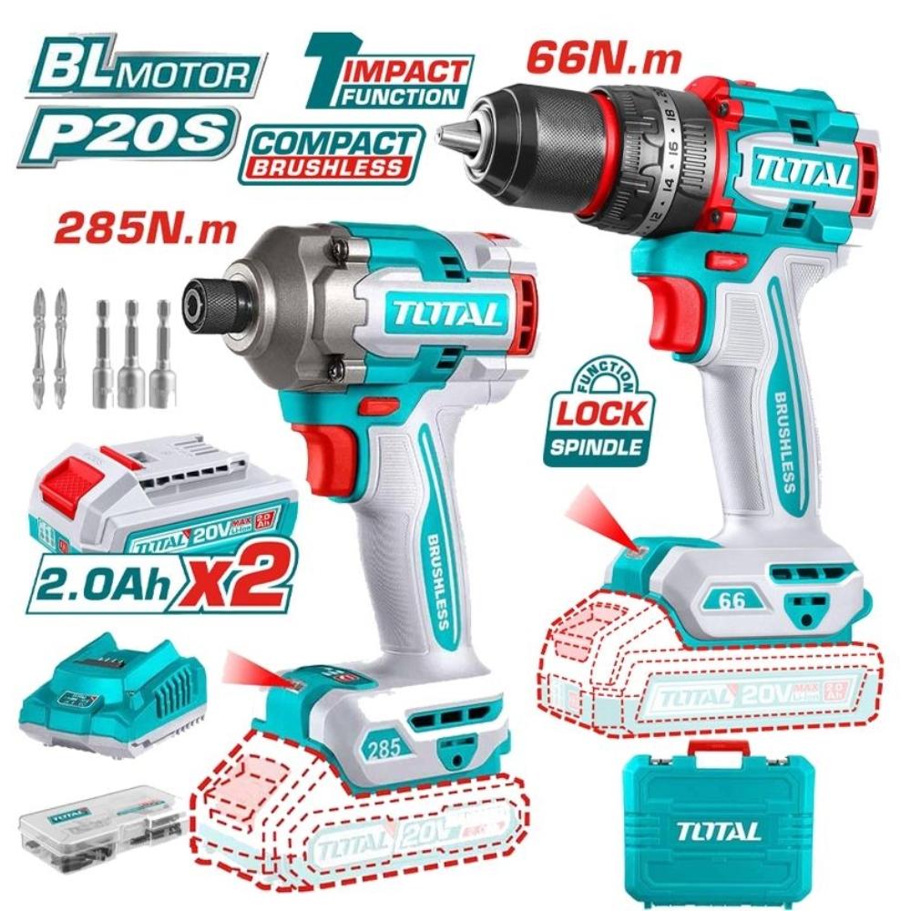 BỘ COMBO MÁY KHOAN BÚA TIDLI20668 1 &amp; MÁY SIẾT VÍT TIRLI20281 KHÔNG CHỔI THAN DÙNG PIN 20V TOTAL TCKLI20277 - HÀNG CHÍNH HÃNG