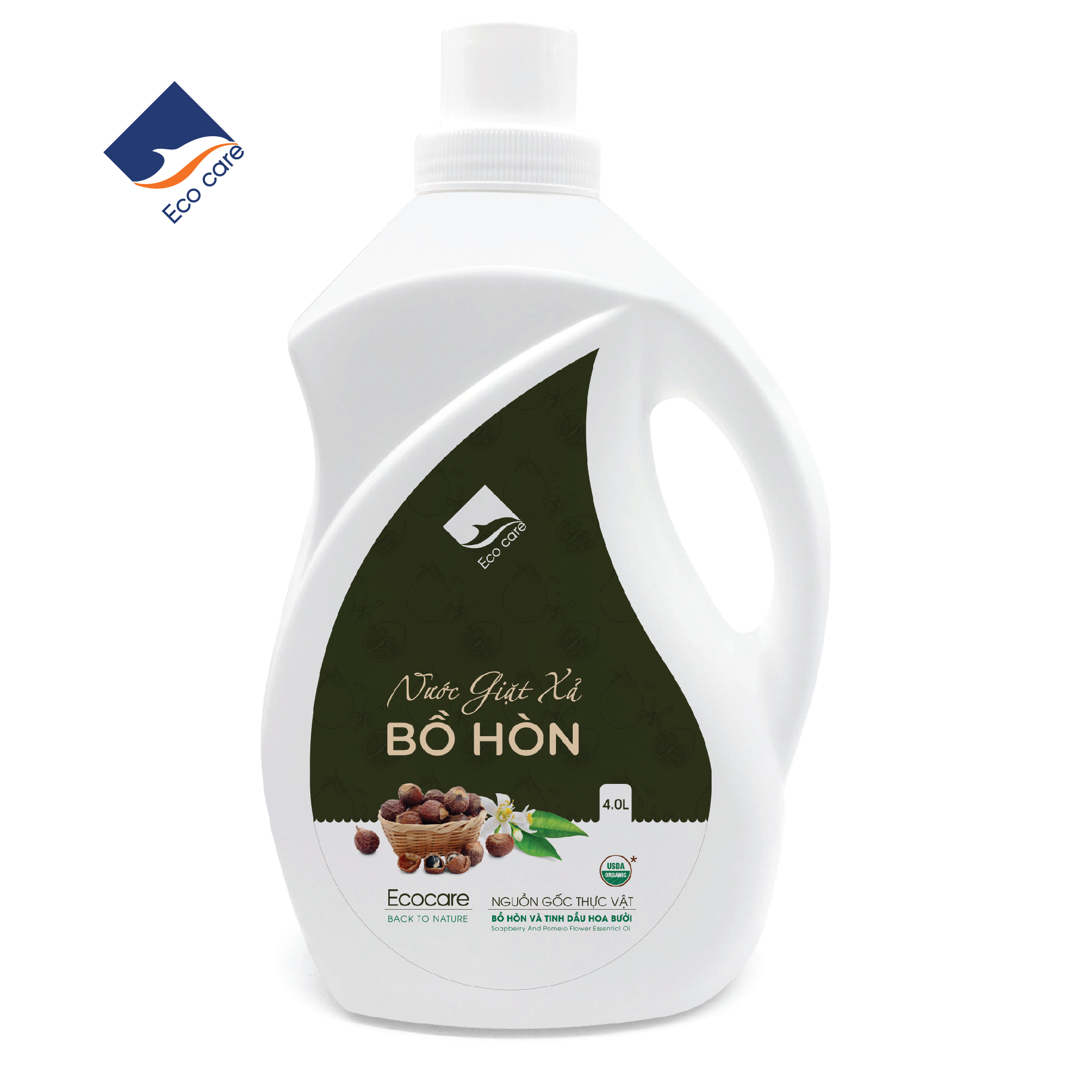 Nước giặt xả hữu cơ Bồ Hòn tinh dầu Hoa Bưởi ECOCARE 4 lít - Bền màu, giữ dáng, làm mềm vải, an toàn da nhạy cảm