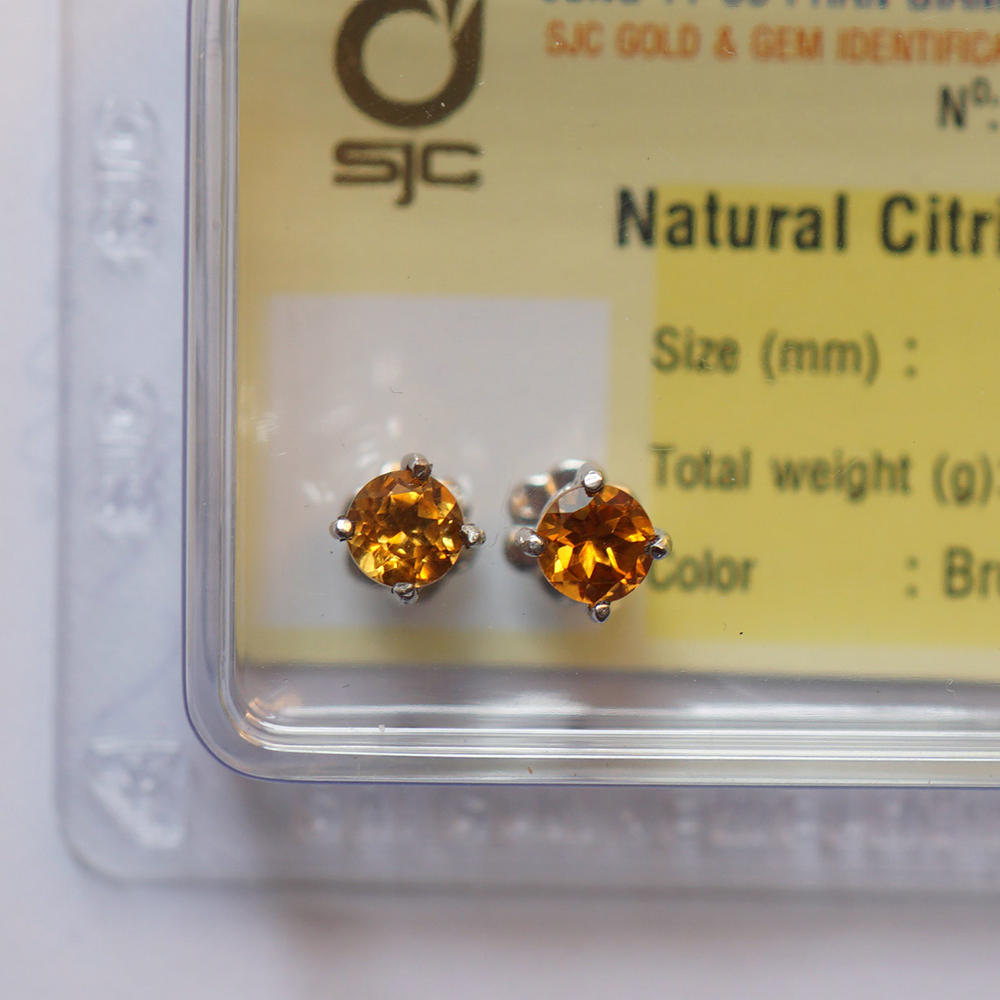 Bông tai nữ đá citrine thạch anh vàng tự nhiên 5mm mài giác tròn 59125