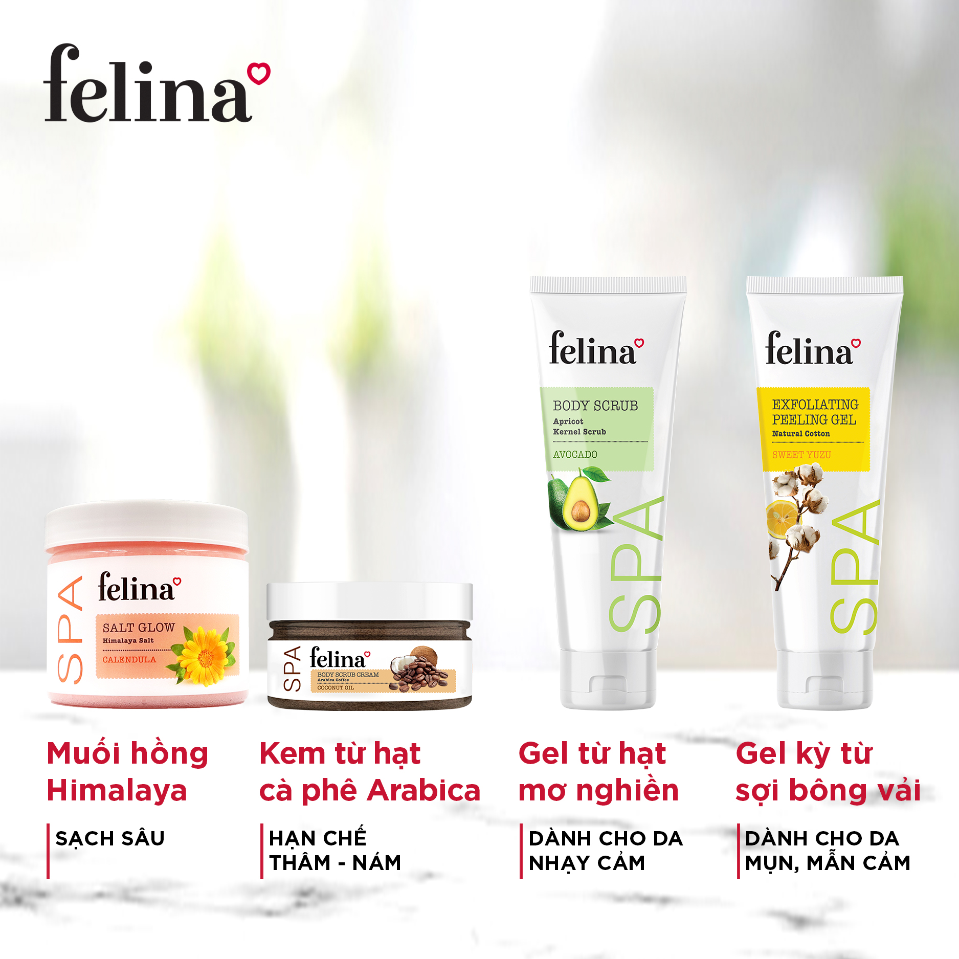 Kem tắm tẩy tế bào chết body Felina Home Spa - Hạt cà phê Arabica và tinh dầu dừa giúp da sáng mịn, ngừa thâm sạm