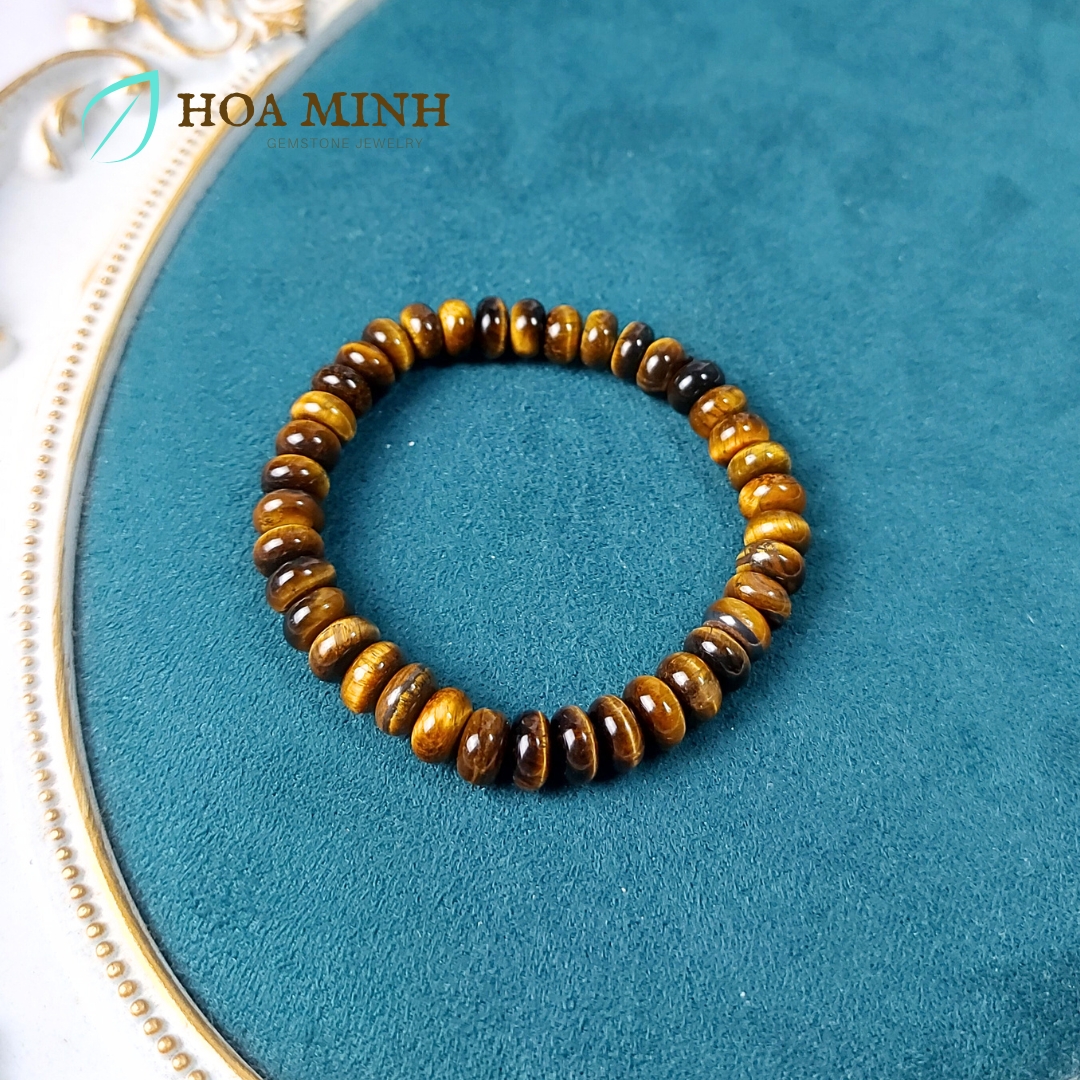 Vòng tay đá Mắt Hổ vàng nâu kiểu bánh xe size 8 li phong thủy tài lộc may mắn