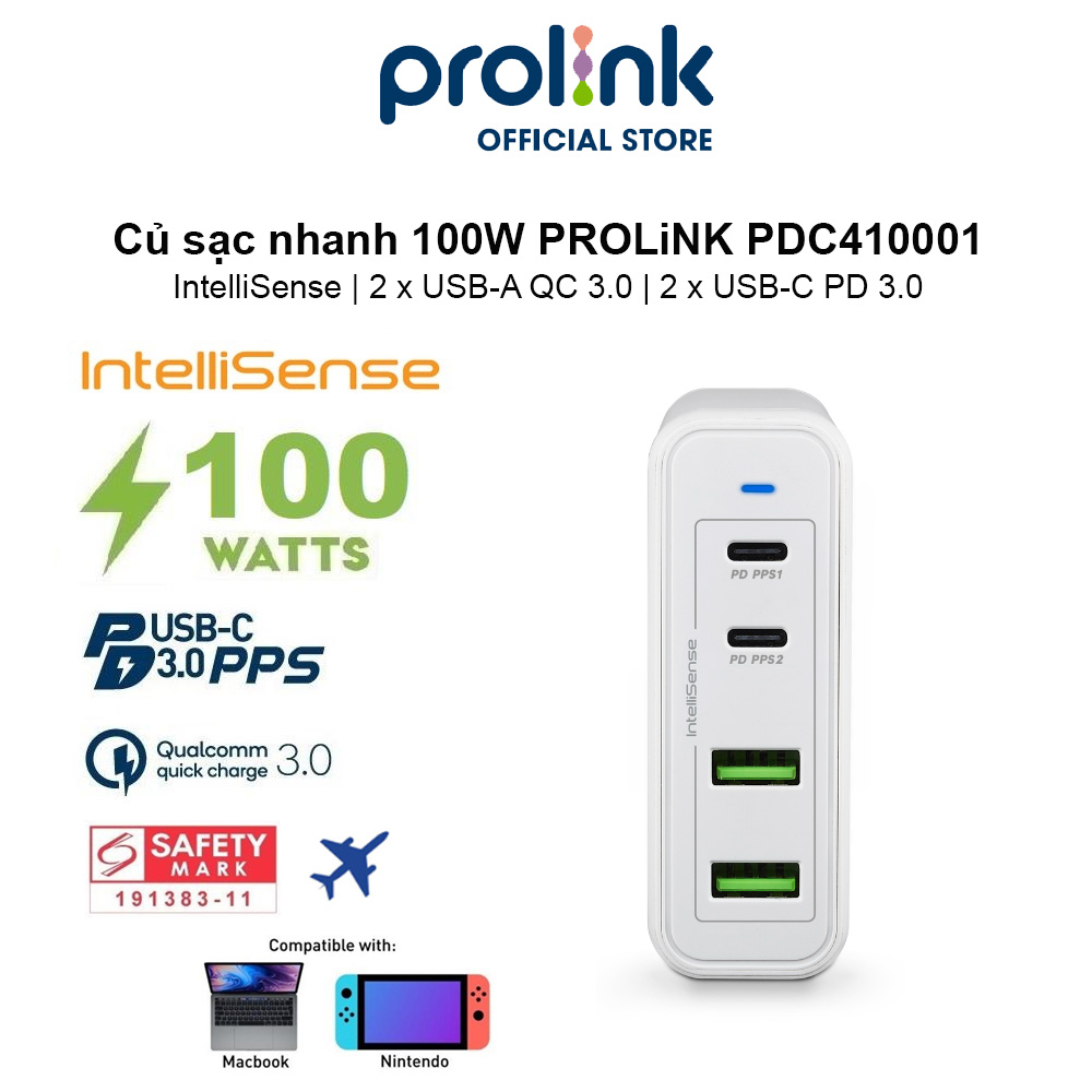 Củ sạc nhanh 100W PROLiNK PDC410001, 4 cổng (2xUSB-A QC 3.0 & 2xUSB-C PD 3.0) IntelliSense, sạc điện thoại, laptop - Hàng chính hãng