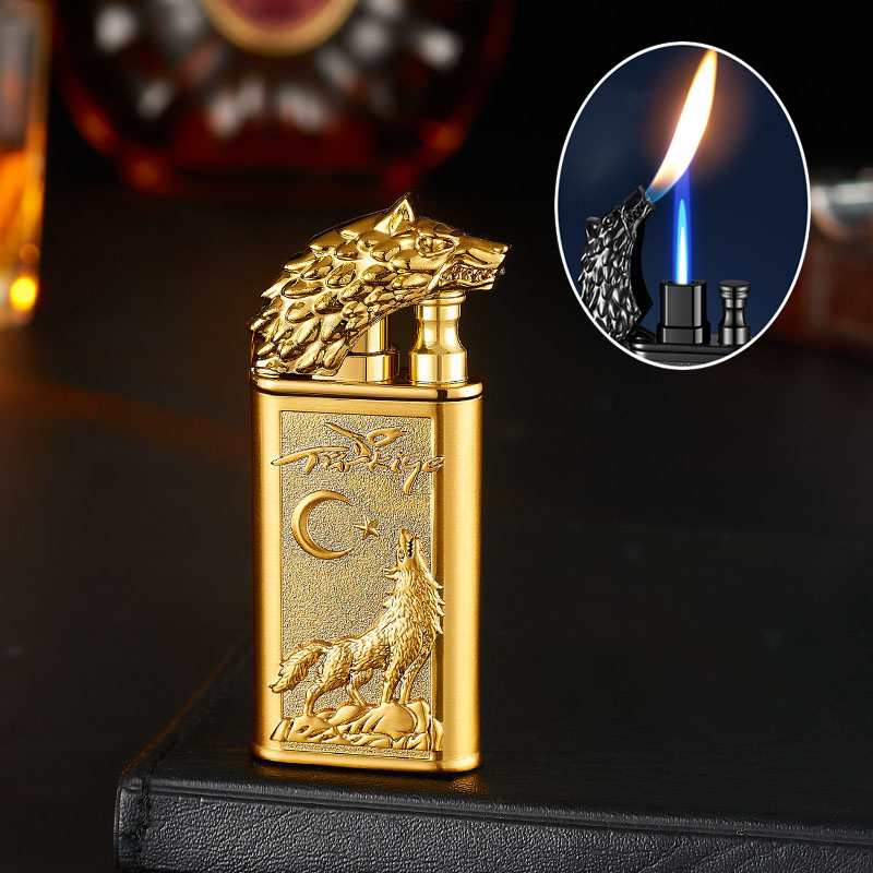 Bật lửa hột quẹt 2 chế độ lửa hình chó sói kim loại - xài gas