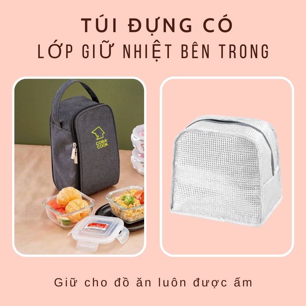 Bộ 2 Hộp Cơm Chia 2 Ngăn Và Hộp 640ml Kèm Túi Giữ Nhiệt COBACOOK- CCL6NL62BS