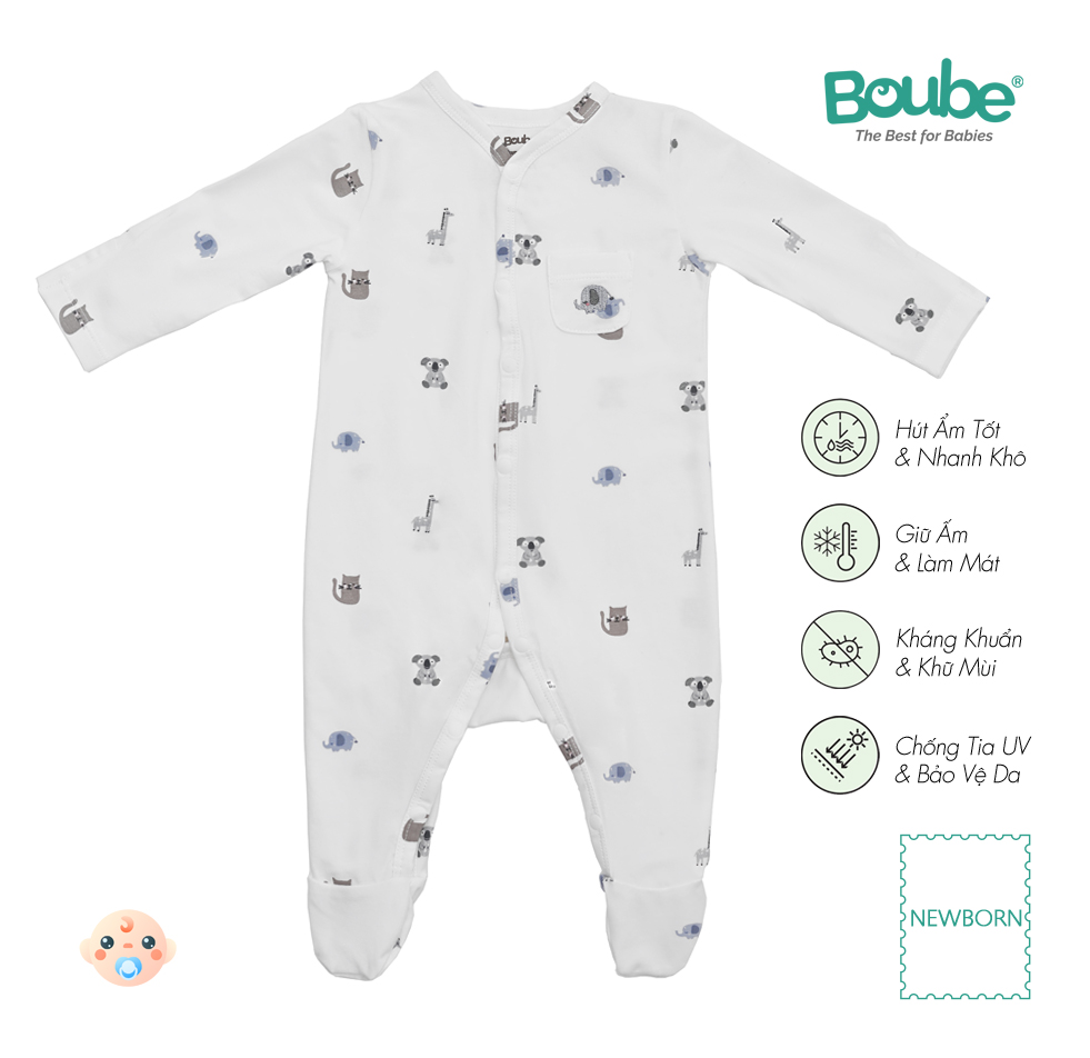 Bộ bodysuit, bộ liền thân liền tất họa tiết dễ thương cho bé sơ sinh Boube, vải cotton organic thoáng mát - Size Newborn