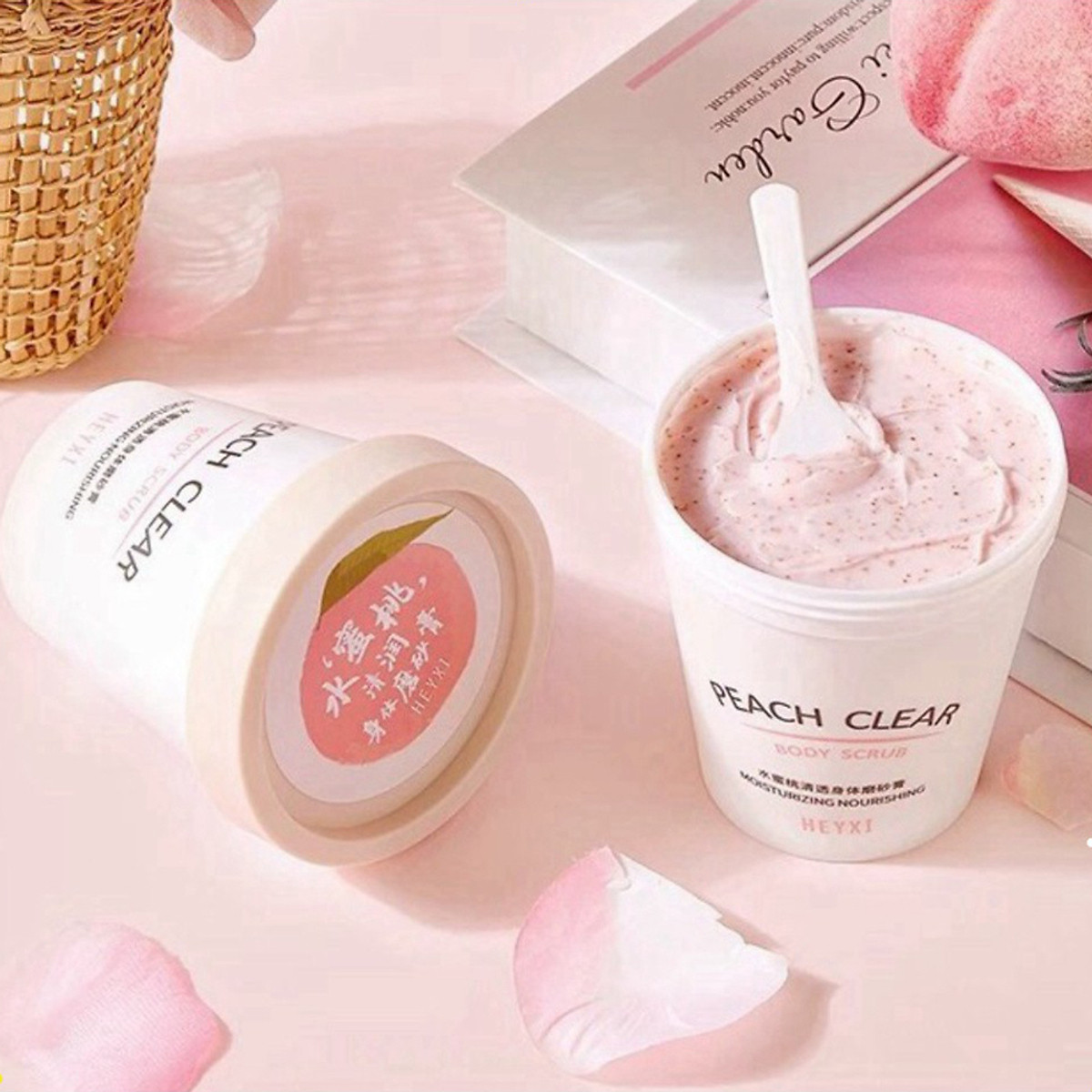 Tẩy da chết heyxi hương đào làm mịn trắng da peach body scrub 200g(tặng gói mặt nạ ngủ YANJIAYI)