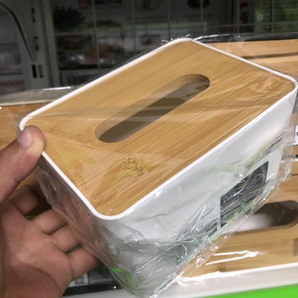 Hộp đựng giấy ăn để bàn bằng nhựa nắp gỗ tre siêu sang xịn có khe gài điện thoại thông minh, mẫu mới 2020