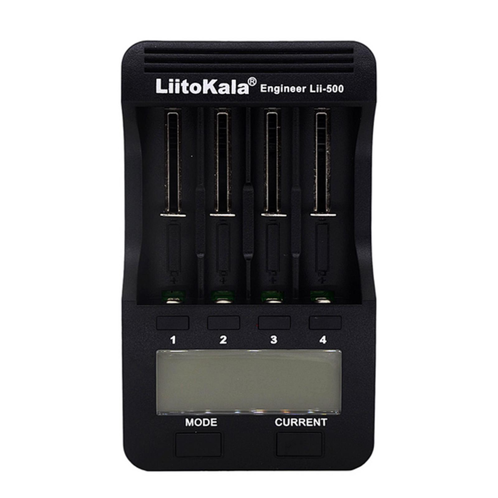 Bộ sạc pin thông minh LiitoKala Lii-500 có 4 khe cắm pin Màn hình LCD cho Ni-MH Ni-Cd Li-ion - Đen - Phích cắm của Vương quốc Anh
