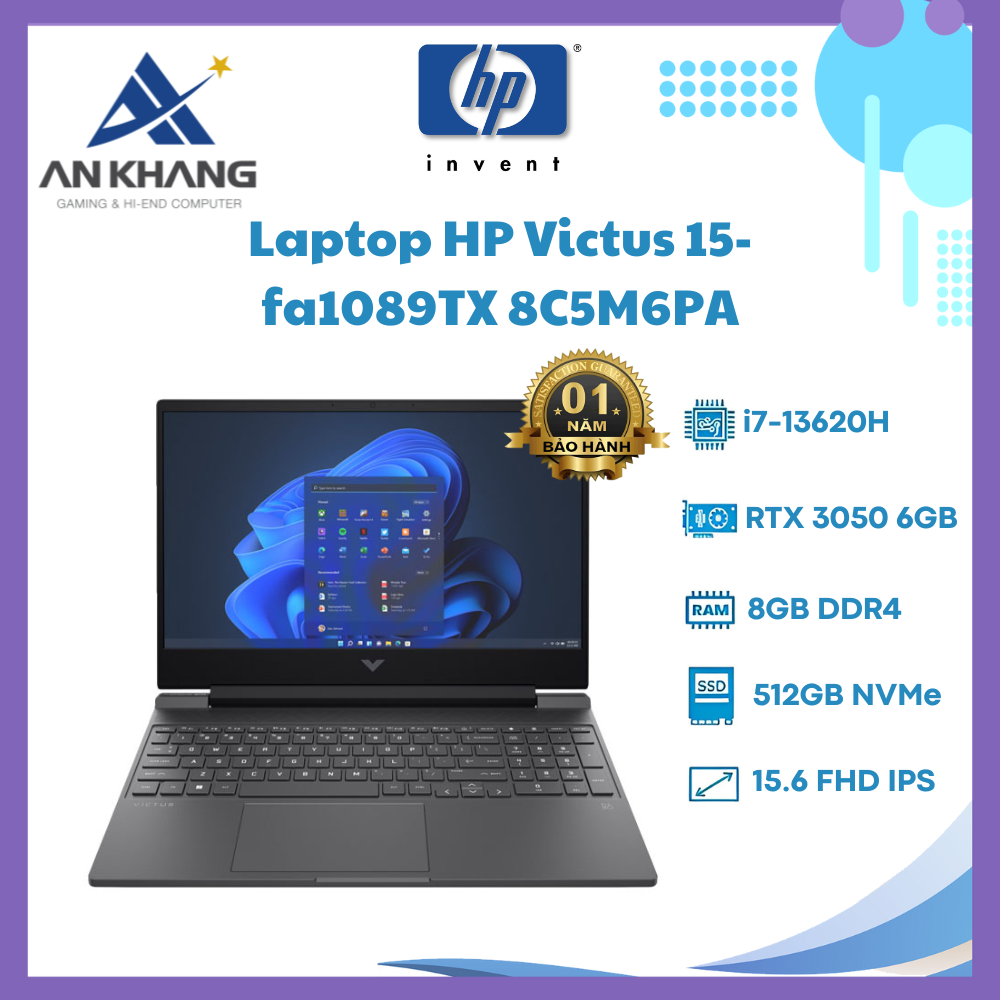 Laptop HP VICTUS 15-fa1089TX 8C5M6PA (Intel Core i7-13620H | 8GB | 512GB | RTX 3050 6GB | 15.6inch FHD | Windows 11 Home | Mica Silver) - Hàng Chính Hãng - Bảo Hành 12 Tháng Tại HP Việt Nam