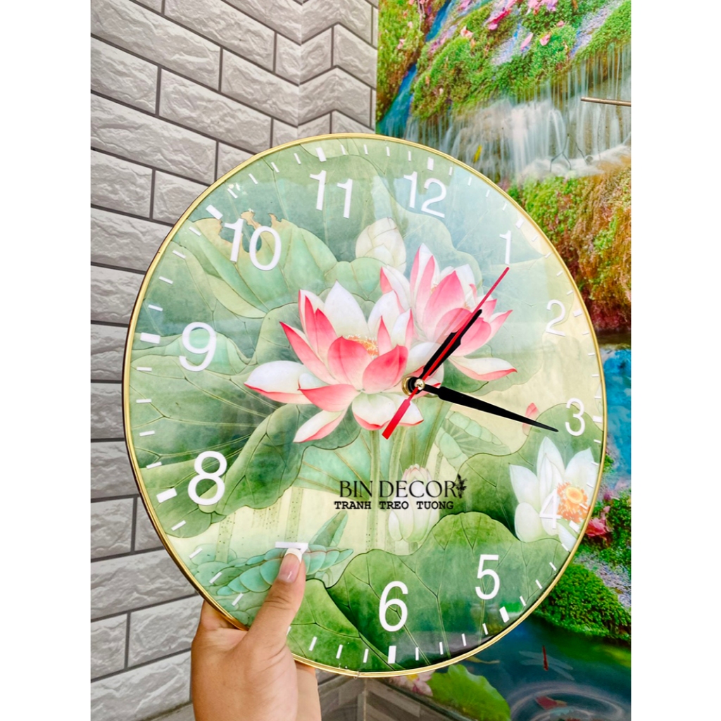 (ẢNH THẬT) Tranh treo tường đồng hồ tráng gương hoa sen hồng có đinh treo
